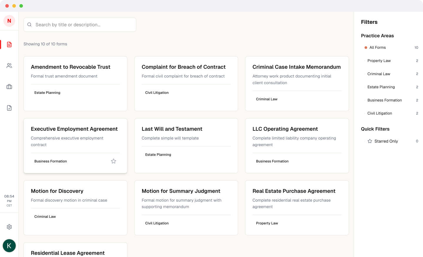 Forms library showing categorized legal templates across practice areas