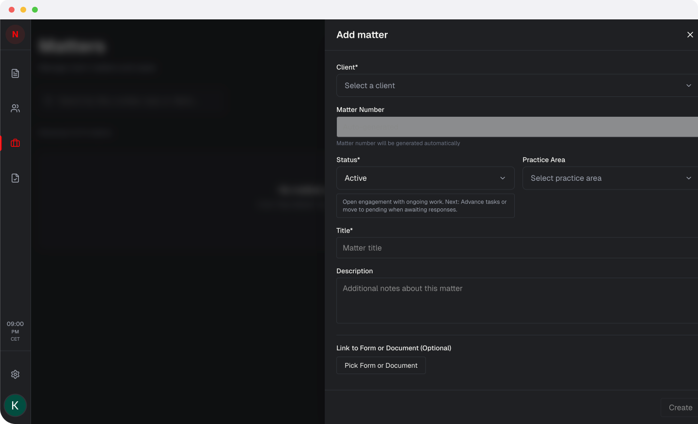 Matter management interface in dark mode showing case organization and client details