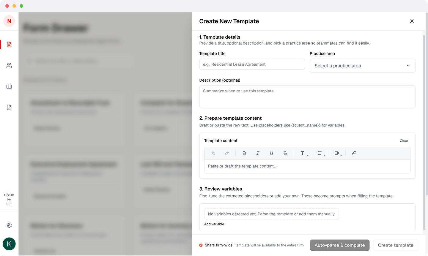 Template creation interface with variable detection and firm-wide sharing