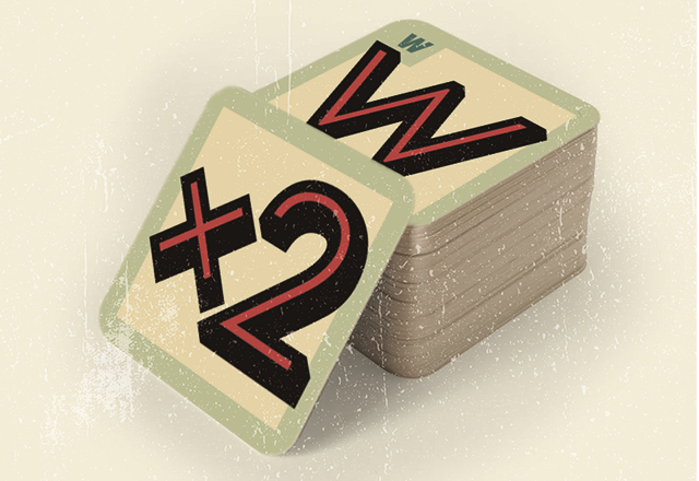 Special card artwork showing +2 damage multiplier card with bold typography