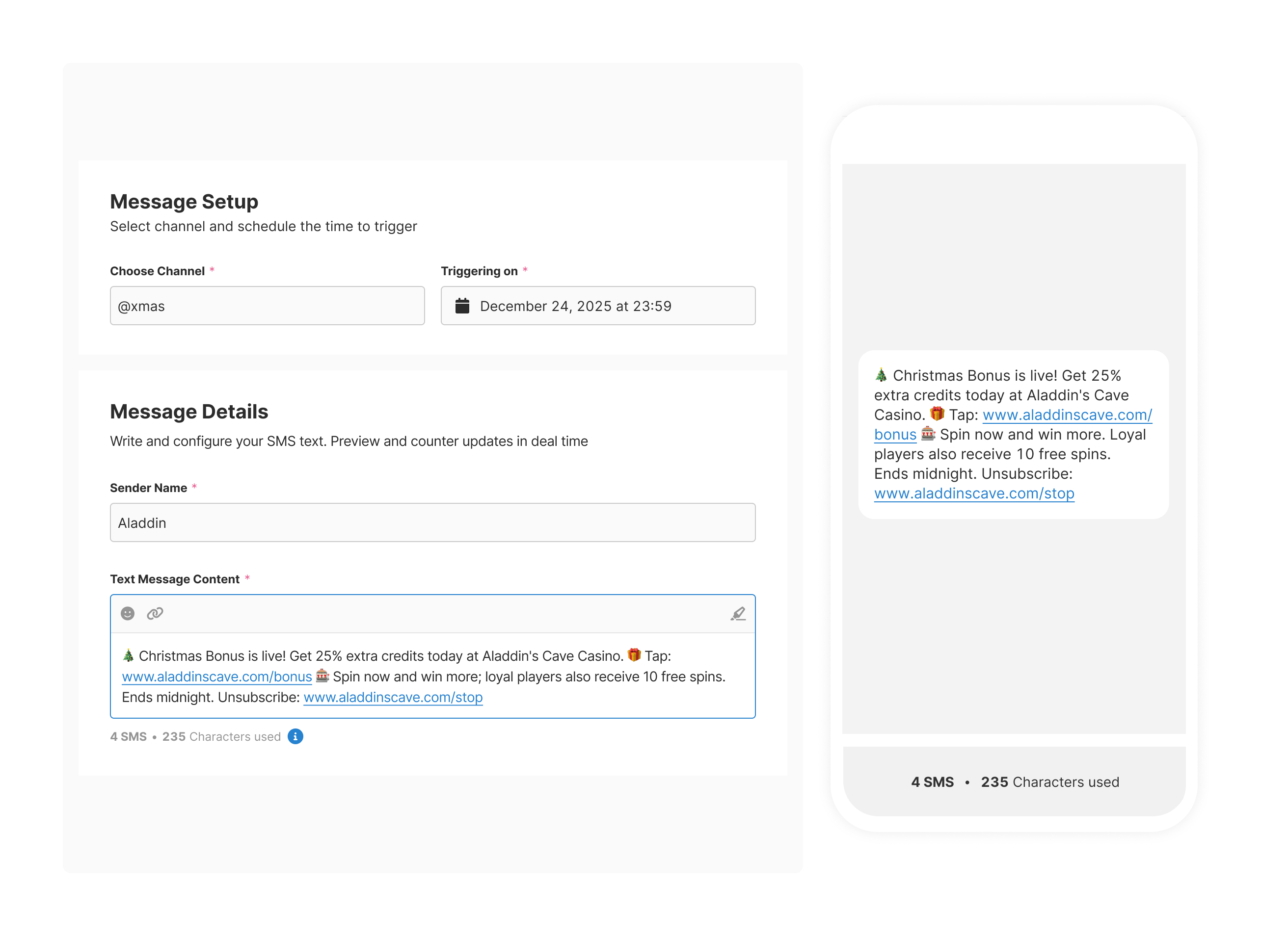 Full SMS composer interface with message setup, text content with emojis, and real-time mobile device preview showing 4 SMS at 235 characters